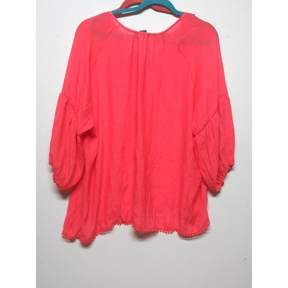 Robert Louis Top blouse Plus 3X coral lace accents 3/4 balloon sleeve pullover - Picture 2 of 8